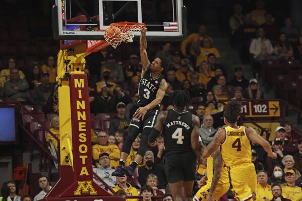 Mississippi State guard Shakeel Moore (3) makes a basket against Minnesota during the first half of an NCAA college basketball game Sunday, Dec. 11, 2022, in Minneapolis. (AP Photo/Stacy Bengs)