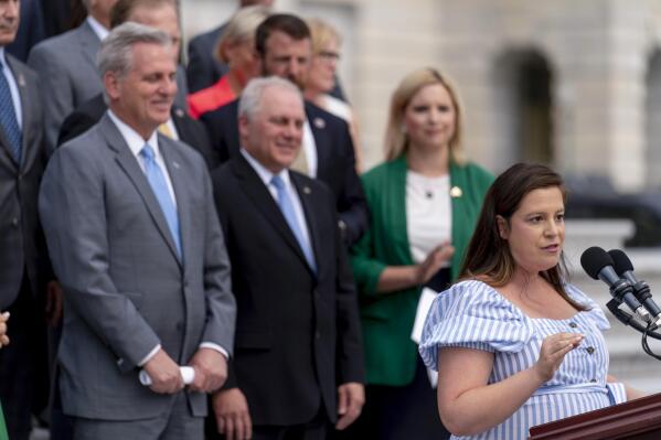 House Republican Conference chair Rep. Elise Stefanik, R-N.Y., right, accompanied by from left, House Minority Leader Kevin McCarthy of Calif., House Minority Whip Steve Scalise, R-La., and Ashley Hinson, R-Iowa, speaks at a news conference on the steps of the Capitol in Washington, Thursday, July 29, 2021, to complain about Speaker of the House Nancy Pelosi, D-Calif., the leadership of President Joe Biden, and guidelines on face masks by the Centers for Disease Control. (AP Photo/Andrew Harnik)