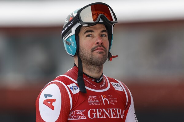 Austria's Vincent Kriechmayr looks on in the finish area after completing an alpine ski, men's World Cup super-G, in Kvitfjell, Norway, Sunday, Feb. 18, 2024. (AP Photo/Alessandro Trovati)