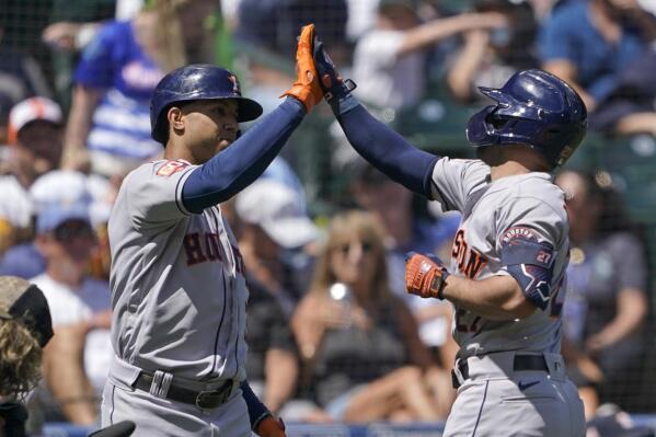 Jeremy Pena of the Houston Astros reacts at bat during the second