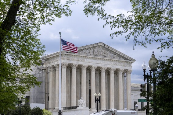 Supreme Court is seen as the justices prepare to hear arguments over whether Donald Trump is immune from prosecution in a case charging him with plotting to overturn the results of the 2020 presidential election, on Capitol Hill in Washington, Thursday, April 25, 2024. (AP Photo/J. Scott Applewhite)