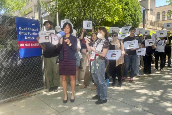 DePaul University adjunct professor Anne d'Aquino speaks to reporters with pro-Palestinian demonstrators standing behind her outside the North Side university's quad, Thursday, June 6, 2024. (Jessica Ma/Chicago Sun-Times via AP)