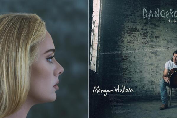 This combination of album covers shows "30" by Adele, left, and “Dangerous: The Double Album,” by Morgan Wallen. Adele’s album “30” recorded the highest album sales debut in four years and Wallen’s “Dangerous: The Double Album” ended 2021 as both the top country album of the year and the most popular album across all genres, with 3.2 million equivalent album units earned during the year.  (Columbia Records, left, and Big Loud Records-Republic Records via AP)