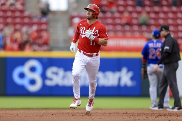 Cincinnati Reds' Kyle Farmer runs the bases after hitting a solo home run  during the fourth inning of a baseball game against the St. Louis Cardinals  in Cincinnati, Friday, July 23, 2021. (