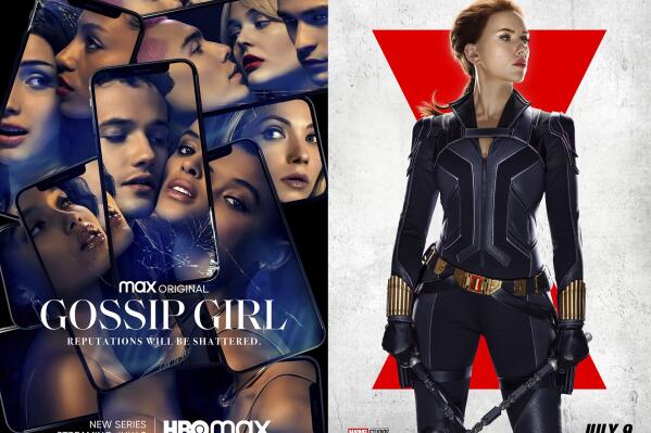 This combination photo shows promotional art for the series "Gossip Girl," premiering July 8 on HBO Max, left, and the Marvel Studios film "Black Widow," premiering July 9 on Disney Plus. (HBO Max via AP, left, and Disney+ via AP)