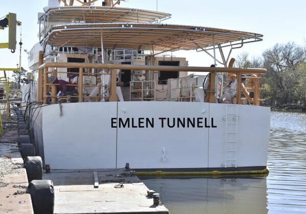 This undated photo provided by the United States Coast Guard shows a U.S. Coast Guard cutter named for Emlen Tunnell, docked in Bollinger Shipyard, in Lockport, La. Tunnell, the first Black player inducted into the Pro Football Hall of Fame, served in the Coast Guard during and after World War II, where he was credited with saving the lives of two shipmates in separate incidents. Now, a Coast Guard cutter and an athletic building on the Coast Guard Academy campus are being named in honor of the former New York Giants defensive back. (United States Coast Guard via AP)