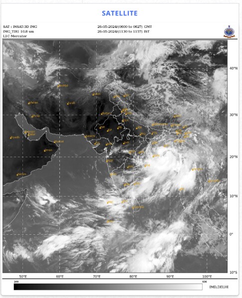 In this screen-grab taken from the website of India Meteorological Department, Government of India, cyclonic activity is visible over the Bay of Bengal on the eastern coast of India, Sunday, May 26, 2024. The India Meteorological Department says the cyclonic storm will cross Bangladesh and India’s West Bengal coasts around midnight Sunday. (India Meteorological Department via AP)