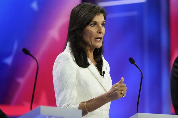 Republican presidential candidate former U.N. Ambassador Nikki Haley speaks during a Republican presidential primary debate hosted by NBC News, Wednesday, Nov. 8, 2023, at the Adrienne Arsht Center for the Performing Arts of Miami-Dade County in Miami. (AP Photo/Rebecca Blackwell)