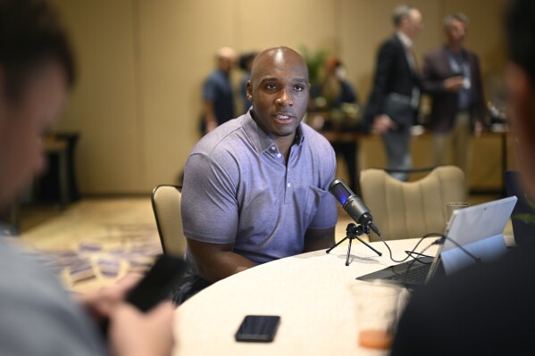 Houston Texans head coach DeMeco Ryans talks with reporters during an AFC coaches availability at the NFL owners meetings, Monday, March 25, 2024, in Orlando, Fla. (AP Photo/Phelan M. Ebenhack)