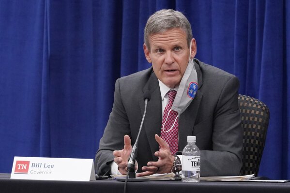 FILE - Gov. Bill Lee speaks during the Tennessee Higher Education Commission session of the state budget hearings Tuesday, Nov. 10, 2020, in Nashville, Tenn.  A prominent voucher group’s outreach efforts to families of students “caused nothing but confusion” while Tennessee attempted to enact a program that would have allowed parents to use tax dollars to pay for private school tuition. According to emails detailing the implementation efforts, officials were clashing with the American Federation for Children as it rushed to get the voucher program up and running.  (AP Photo/Mark Humphrey)