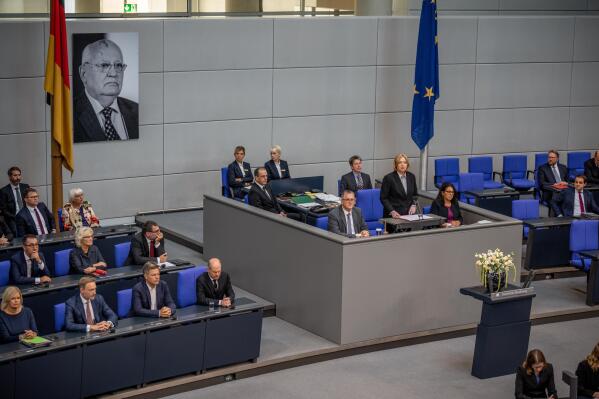 Baerbel Bas, President of the German Federal Parliament, Bundestag, delivers a speech during the memorial hour for the late former Soviet President Gorbachev in the Reichstag building in Berlin, Germany, Wednesday, Sept. 7, 2022. (Michael Kappeler/dpa via AP)