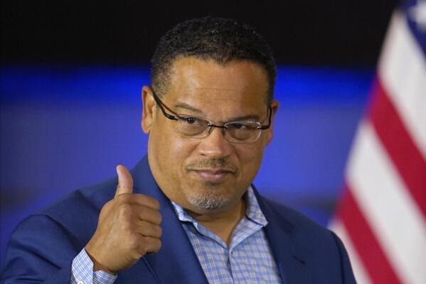 FILE - Minnesota Attorney General Keith Ellison acknowledges the crowd after speaking about reproductive rights Oct. 22, 2022, in St. Paul, Minn. (AP Photo/Abbie Parr, File)