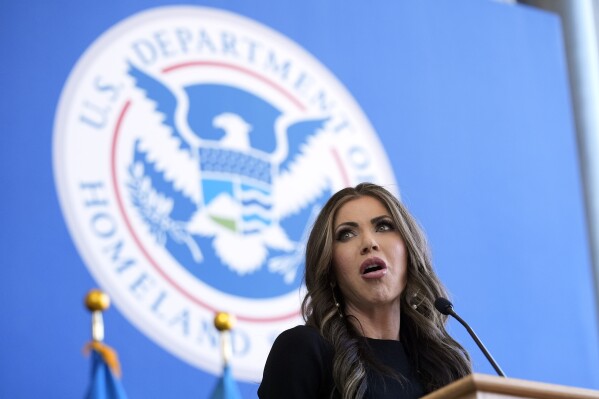 Homeland Security Secretary Kristi Noem speaks to employees at the Department of Homeland Security, Jan. 28, 2025, in Washington. (AP Photo/Manuel Balce Ceneta, file)