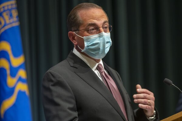 U.S. Department of Health and Human Service Secretary Alex Azar speaks during a COVID-19 briefing at the Centers for Disease Control and Prevention headquarter campus in Atlanta, Wednesday, Oct. 21, 2020.  (Alyssa Pointer /Atlanta Journal-Constitution via AP)