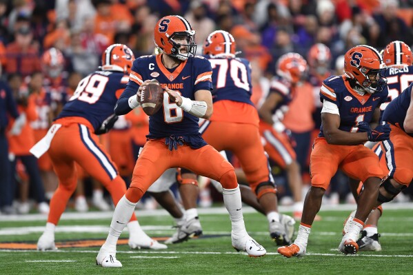 Syracuse quarterback Garrett Shrader (6) looks to pass during the first half of an NCAA college football game against Wake Forest in Syracuse, N.Y., Saturday, Nov. 25, 2023. (AP Photo/Adrian Kraus)
