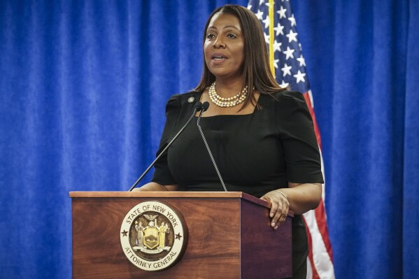 FILE - New York Attorney General Letitia James speaks Feb. 16, 2024, in New York. Donald Trump could be at risk of losing some of his prized properties if he can't pay his staggering New York civil fraud penalty. James told ABC News on Tuesday that she will seek to seize some of the former president's assets if he's unable to cover the bill from Judge Arthur Engoron's Feb. 16 ruling.(APPhoto/Bebeto Matthews, File)