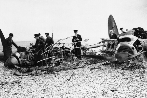 The remains of a German bomber brought down on the South-East Coast of England, July 11, 1940, during a Nazi night air raid. The source said forty Nazi planes were brought down in three days, by the work of the Royal Air Force and anti-aircraft defenses. (ĢӰԺ Photo)