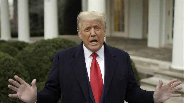 FILE - This exhibit from video released by the House Select Committee, shows President Donald Trump recording a video statement on the afternoon of Jan. 6, from the Rose Garden, displayed at a hearing by the House select committee investigating the Jan. 6 attack on the U.S. Capitol, July 21, 2022, on Capitol Hill in Washington. The Supreme Court agreed on Feb. 28, 2024, to decide whether former President Donald Trump can be prosecuted on charges he interfered with the 2020 election and has set a course for a quick resolution. (House Select Committee via AP)