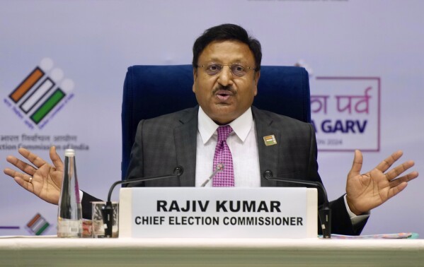 Chief Election Commissioner of India, Rajiv Kumar, speaks at a press conference organized by the commission to announce dates for the national elections, in New Delhi, India, Saturday, March 16, 2024. (AP Photo/Manish Swarup)