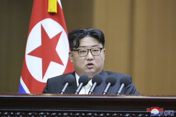 FILE - In this photo provided by the North Korean government, North Korean leader Kim Jong Un speaks at the Supreme People's Assembly in Pyongyang, North Korea, on Jan. 15, 2024. Independent journalists were not given access to cover the event depicted in this image distributed by the North Korean government. The content of this image is as provided and cannot be independently verified. Korean language watermark on image as provided by source reads: "KCNA" which is the abbreviation for Korean Central News Agency. (Korean Central News Agency/Korea News Service via AP, File)