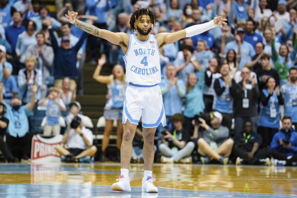 North Carolina guard R.J. Davis reacts during the second half of the team's NCAA college basketball game against Duke on Saturday, March 4, 2023, in Chapel Hill, N.C. (AP Photo/Jacob Kupferman)