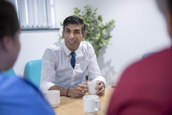 Britain's Prime Minister Rishi Sunak during a visit to Oldham Community Diagnostic Centre in Oldham, England, Monday, Feb. 13, 2023. (James Glossop/Pool Photo via AP)