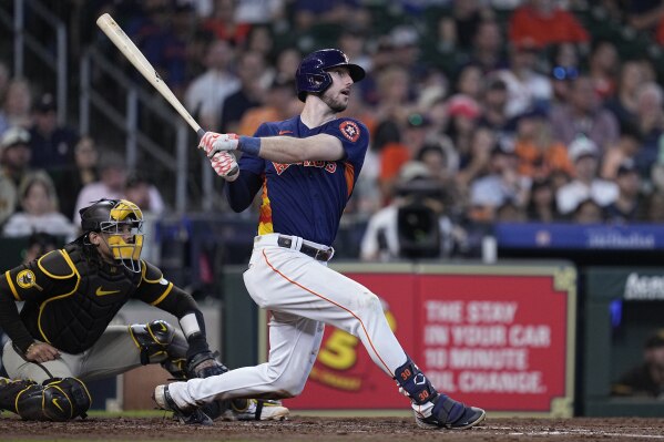 Houston Astros' Kyle Tucker hits an RBI triple during the sixth inning of a baseball game against the San Diego Padres, Sunday, Sept. 10, 2023, in Houston. (AP Photo/Kevin M. Cox)