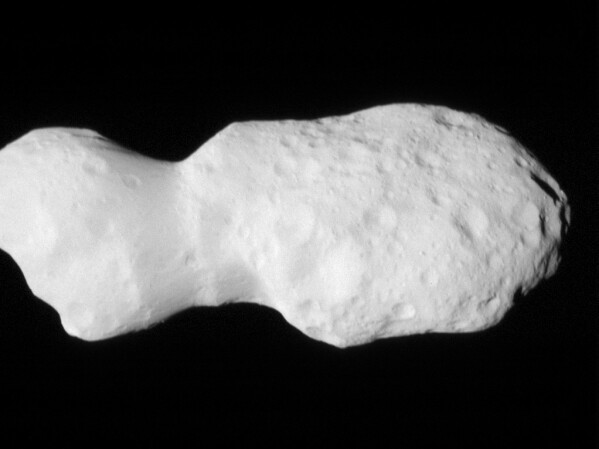 This photo provided by NASA shows the asteroid Donaldjohanson as seen by the Lucy spacecraft during its flyby on Sunday, April 20, 2025. (NASA/Goddard/SwRI/Johns Hopkins APL via AP)
