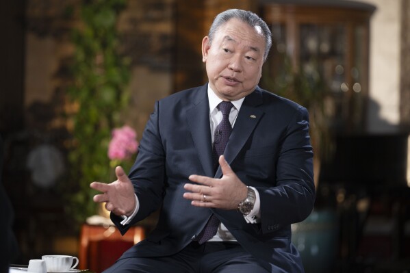 Taiwan's top diplomat in Washington, Alexander Tah-Ray Yui, speaks during an interview with The Associated Press on Thursday, Jan. 18, 2024 in Washington. (AP Photo/Kevin Wolf)