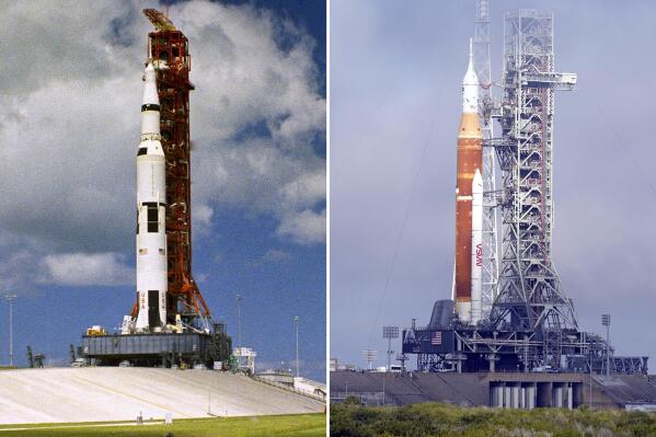 This combination of photos shows the Saturn V rocket with Apollo 12's spacecraft aboard on the launch pad at the Kennedy Space Center in 1969, left. At right is NASA's new moon rocket for the Artemis program with the Orion spacecraft on top at the Kennedy Space Center in Cape Canaveral, Fla., on March 18, 2022. Liftoff for the first Artemis mission is set for Monday, Aug. 29, 2022. (AP Photo)
