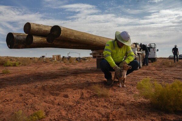 A volunteer pets a dog before starting power line construction for a home, Tuesday, Oct. 8, 2024, on the Navajo Nation in Halchita, Utah. (AP Photo/Joshua A. Bickel)