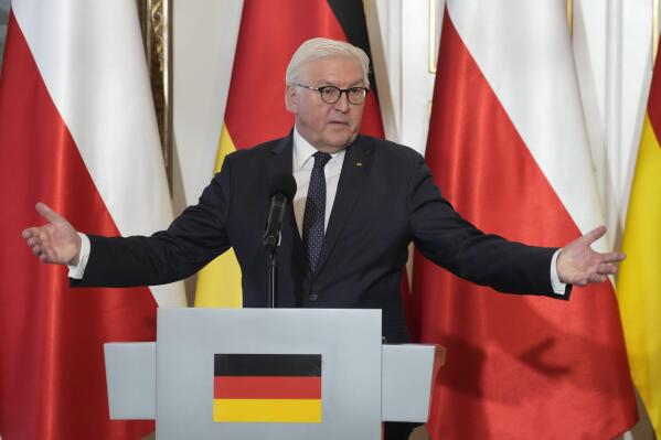 FILE - German President Frank-Walter Steinmeier gestures at a news conference during his meeting with Polish President Andrzej Duda in Warsaw, Poland, Tuesday, April 12, 2022. The German government signaled irritation Wednesday, April 13, 2022 at a diplomatic snub by Ukraine for the German president, but otherwise sought to sidestep tensions that have flared at a delicate moment in German policymaking on the war. Steinmeier, the largely ceremonial head of state, hoped to travel to Ukraine with his Polish and Baltic counterparts but said Tuesday that his presence “apparently ... wasn't wanted in Kyiv.” 
(AP Photo/Czarek Sokolowski, File)