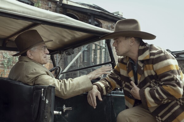 Robert De Niro, left, and Leonardo DiCaprio in a scene from "Killers of the Flower Moon." (Melinda Sue Gordon/Apple TV+ via AP)