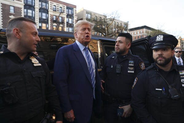 Former president Donald Trump, comments after visiting a bodega, Tuesday, April 16, 2024, who's owner was attacked last year in New York.  (AP Photo/Yuki Iwamura)
