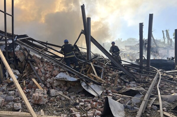 In this photo provided by the Ukrainian Emergency Service, emergency services personnel work to extinguish a fire following a Russian attack in Kryvyi Rih, Ukraine, Friday, Sept. 8, 2023. (Ukrainian Emergency Service via AP)