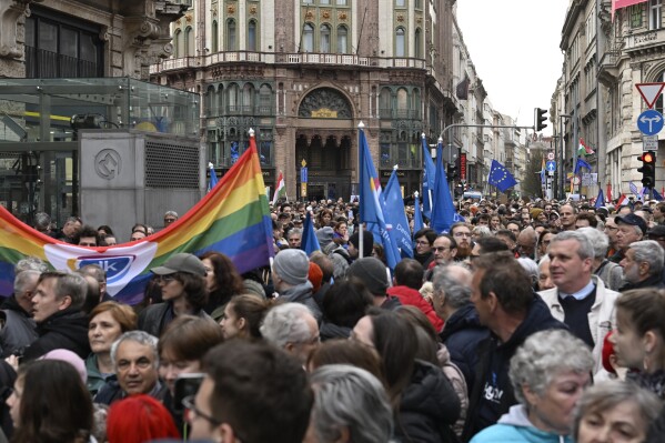 Размахивая флагами ЕС и партий, венгерские демонстранты протестуют против закона, который фактически запрещает мероприятия LGBTQ+ Pride и ограничивает право на собрания в центре Будапешта, Венгрия, во вторник, 25 марта 2025 г. (Золтан Мэтью/MTI через AP)