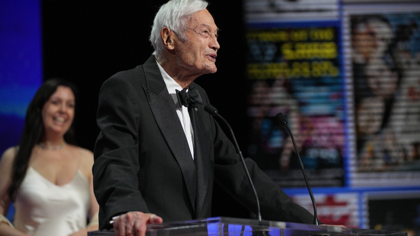 FILE - Roger Corman addresses the audience during the awards ceremony of the 76th international film festival, Cannes, southern France, Saturday, May 27, 2023. Corman, the Oscar-winning “King of the Bs” who helped turn out such low-budget classics as “Little Shop of Horrors” and “Attack of the Crab Monsters” and gave many of Hollywood's most famous actors and directors an early break, died Thursday, May 9, 2024. He was 98. (AP Photo/Daniel Cole, File)