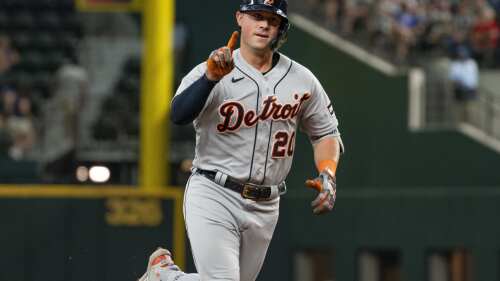 Detroit Tigers' Spencer Torkelson jogs around the bases after hitting a solo home run in the top of the fifth inning of a baseball game against the Texas Rangers in Arlington, Texas, Thursday, June 29, 2023. (AP Photo/Emil T. Lippe)