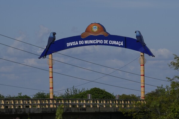 A sign features Spix's macaws in the entrance of Curaca, Bahia state, Brazil, Tuesday, March 12, 2024. There are approximately 360 critically endangered Spix's macaws in captivity worldwide and very few are living in the wild in Brazil. (AP Photo/Andre Penner)