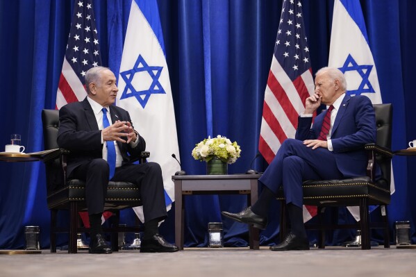 President Joe Biden meets with Israeli Prime Minister Benjamin Netanyahu in New York, Wednesday, Sept. 20, 2023. Biden was in New York to address the 78th United Nations General Assembly. (AP Photo/Susan Walsh)