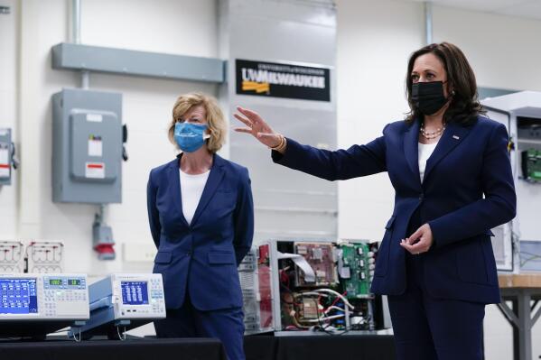 Vice President Kamala Harris tours clean energy laboratories with Sen. Tammy Baldwin, D-Wis., at the University of Wisconsin-Milwaukee during a visit to promote President Joe Biden's $2 trillion jobs and infrastructure plan, in Milwaukee, Tuesday, May 4, 2021. (AP Photo/Susan Walsh)