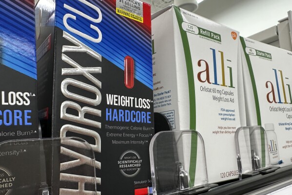 Dietary supplements are displayed at a store in New York, Thursday, April 25, 2024. It's now illegal to sell weight loss and muscle-building supplements to minors in New York. The first-in-the-nation law went into effect this week. (AP Photo/Seth Wenig)