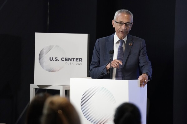 FILE - White House senior adviser John Podesta speaks at the U.S. Center at the COP28 U.N. Climate Summit, Dec. 2, 2023, in Dubai, United Arab Emirates. Podesta will replace John Kerry as U.S. special climate change envoy, according to a person familiar with the appointment. (AP Photo/Joshua A. Bickel, File)