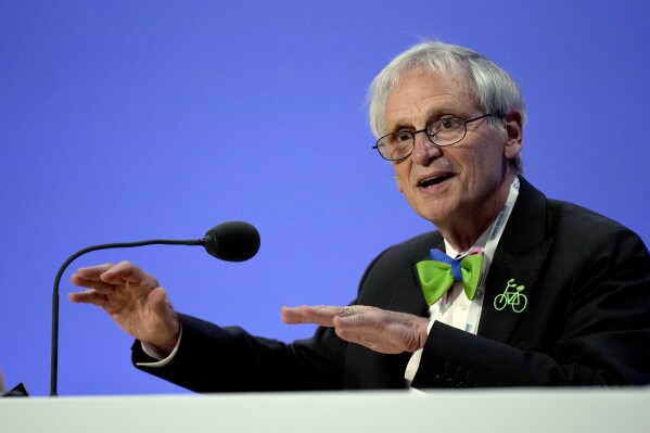 FILE - U.S. Rep. Earl Blumenauer speaks during an event at the COP26 U.N. Climate Summit, in Glasgow, Scotland, Wednesday, Nov. 10, 2021. Blumenauer has announced that he won't be running for reelection in 2024. Blumenauer has represented Oregon's solidly Democratic 3rd Congressional District, which includes north and southeast Portland, since 1996. He has served in public office for roughly five decades. (AP Photo/Alastair Grant, File)