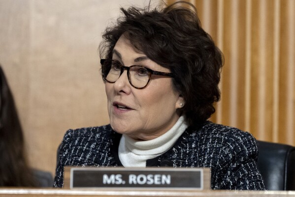 Sen. Jacky Rosen, D-Nev., questions Sen. Marco Rubio, R-Fla., President-elect Donald Trump's choice to be Secretary of State, as he appears before the Senate Foreign Relations Committee for his confirmation hearing, at the Capitol in Washington, Wednesday, Jan. 15, 2025. (AP Photo/Alex Brandon)
