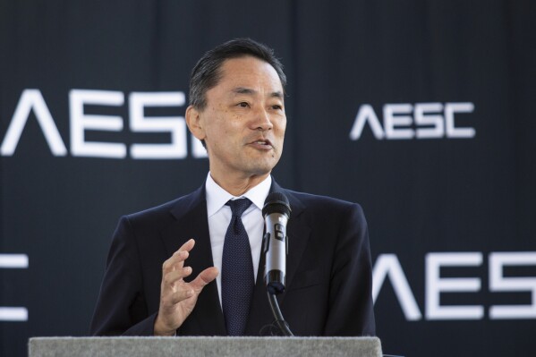AESC Group CEO Shoichi Matsumoto speaks at the "Topping Out" structural completion milestone ceremony for the 1.6 million-square-foot AESC gigafactory being constructed in the Kentucky Transpark in Bowling Green, Ky., on Thursday, Sept. 14, 2023. (Grace Ramey /Daily News via AP)