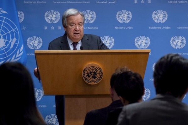United Nations Secretary-General Antonio Guterres addresses the situation in Israel after an attack by Hamas during a news briefing at United Nations headquarters Monday, Oct. 9, 2023. (AP Photo/Craig Ruttle)
