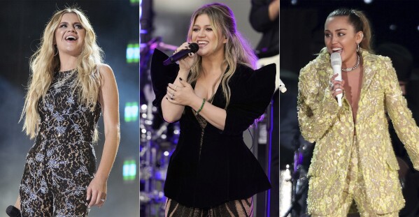 This combination of photos shows Kelsea Ballerini during CMA Fest 2022 in Nashville, Tenn., on June 10, 2022, left, Kelly Clarkson performing on NBC's "Today" show in New York on Sept. 22, 2023, center, and Miley Cyrus performing at the 61st annual Grammy Awards in Los Angeles on Feb. 10, 2019. Cyrus’ “Endless Summer Vacation” is up for album of the year and best pop vocal album. The single “Flowers” is nominated for three Grammy awards. Kelly Clarkson’s “Chemistry” is up for best pop vocal album and Kelsea Ballerini’s “Rolling Up the Welcome Mat” is up for best country album. (AP Photo)