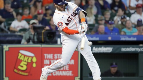 Houston Astros' Yainer Diaz connects for a two run home run against the Colorado Rockies during the fourth inning of a baseball game Wednesday, July 5, 2023, in Houston. (AP Photo/Michael Wyke)