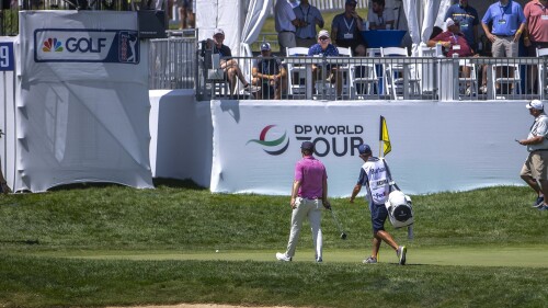 CORRECTS TO KEENE TRACE NOT KEEN TRACE - Doc Rodman, center, walks to the ninth green during the PGA Tour Barbasol Championship golf tournament at Keene Trace in Nicholasville, Ky., Friday, July 14, 2023. (Ryan C. Hermens/Lexington Herald-Leader via AP)